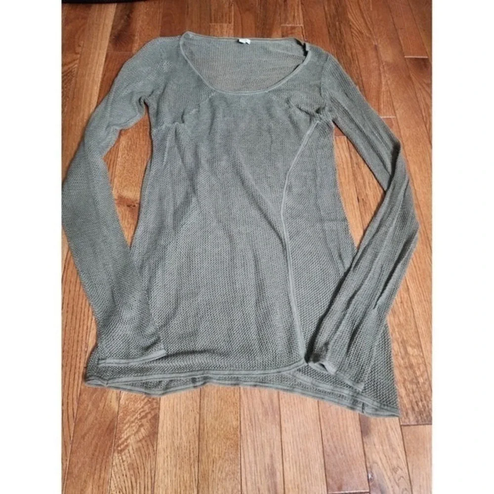 Olive Green Long Sleeve Top Mesh Open‎ Knit Boho M_4
